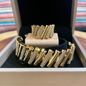 24k Gold Plated Dominoes Iced Out Bangle Bracelet and Ring Set - New in Box